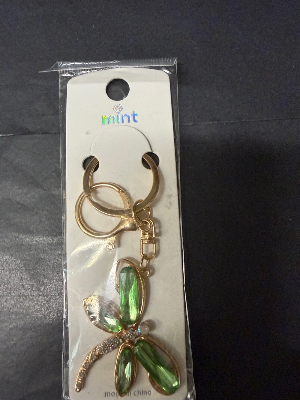 Mint Gold Tone Keychain with Green Crystal Dragonfly Charm